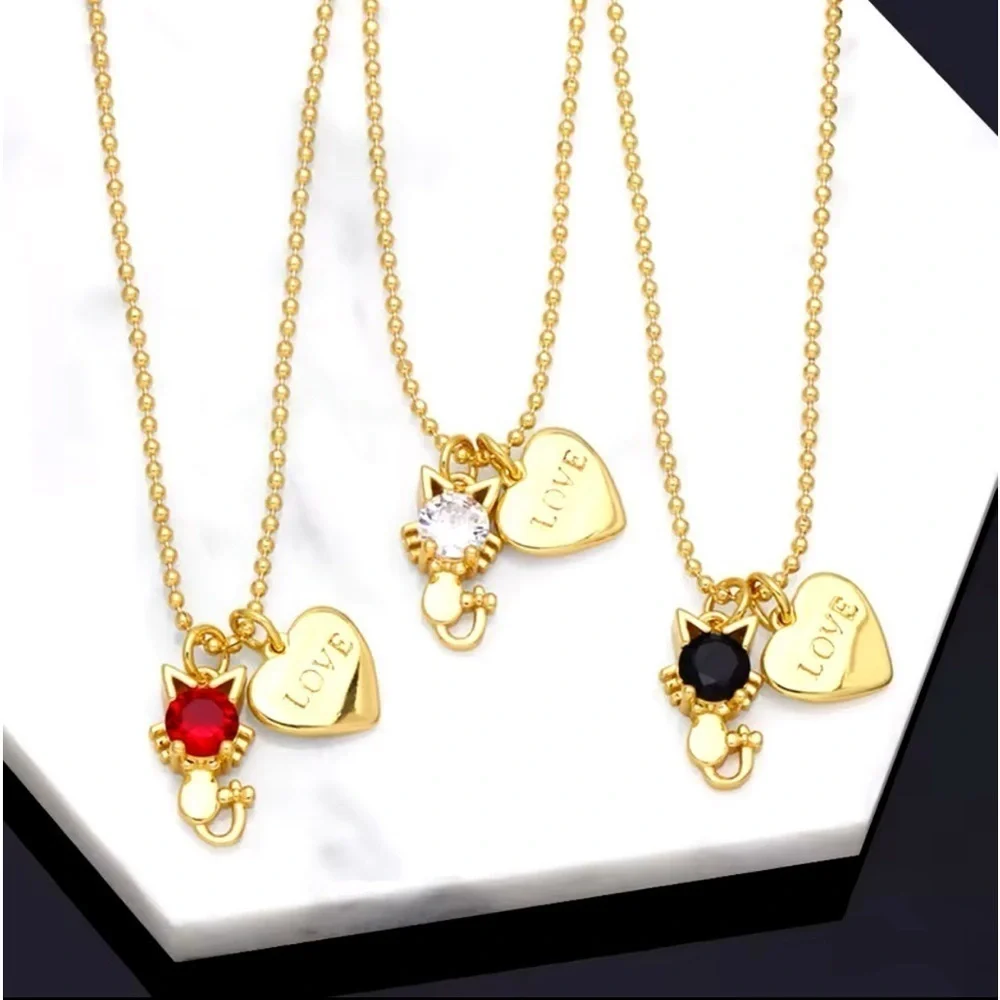 18K Gold Plated Cat & Heart “Love” Pendant Necklace With Red Gemstone Accent